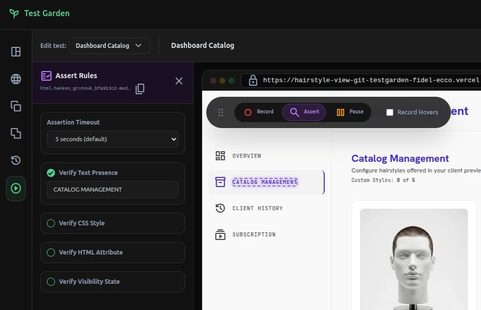 Assertion settings sidebar demonstrating element text content verification and CSS validation options