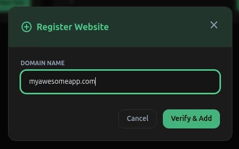 Form to add a new website property showing domain name input