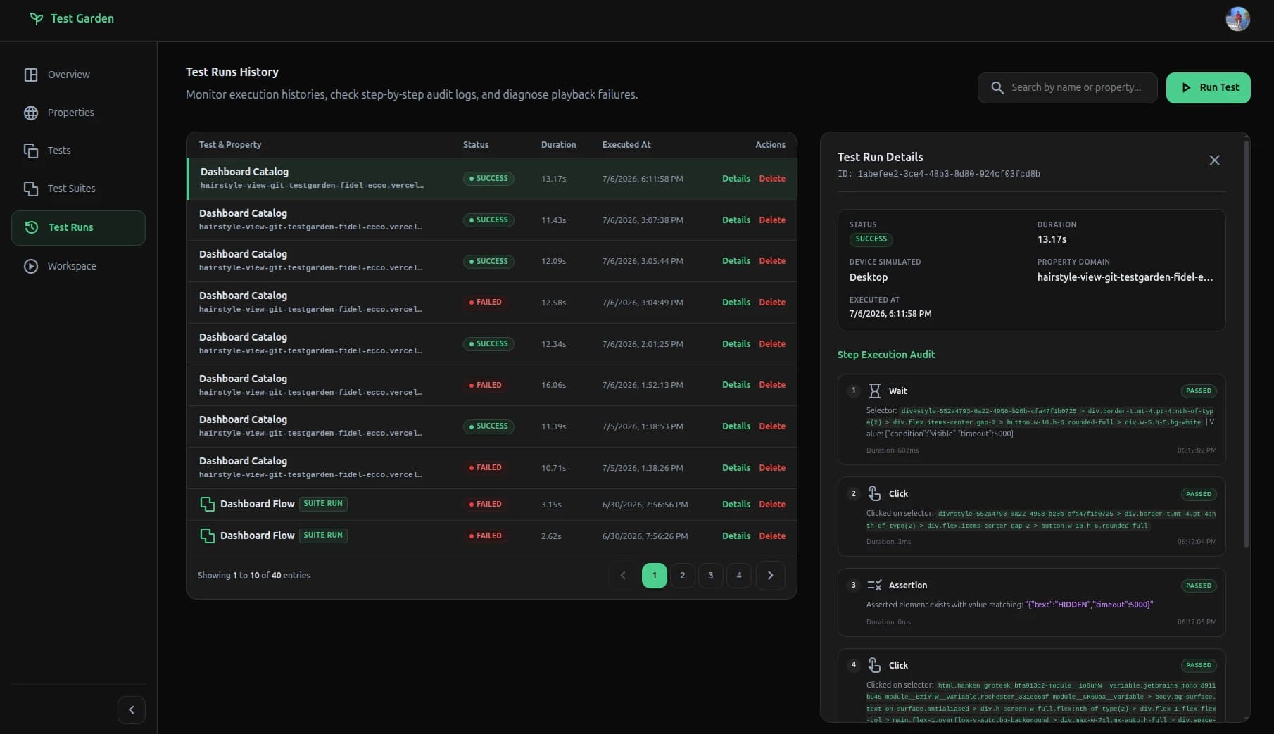 Test execution steps dashboard detail showing DOM step events and visual screenshot checks