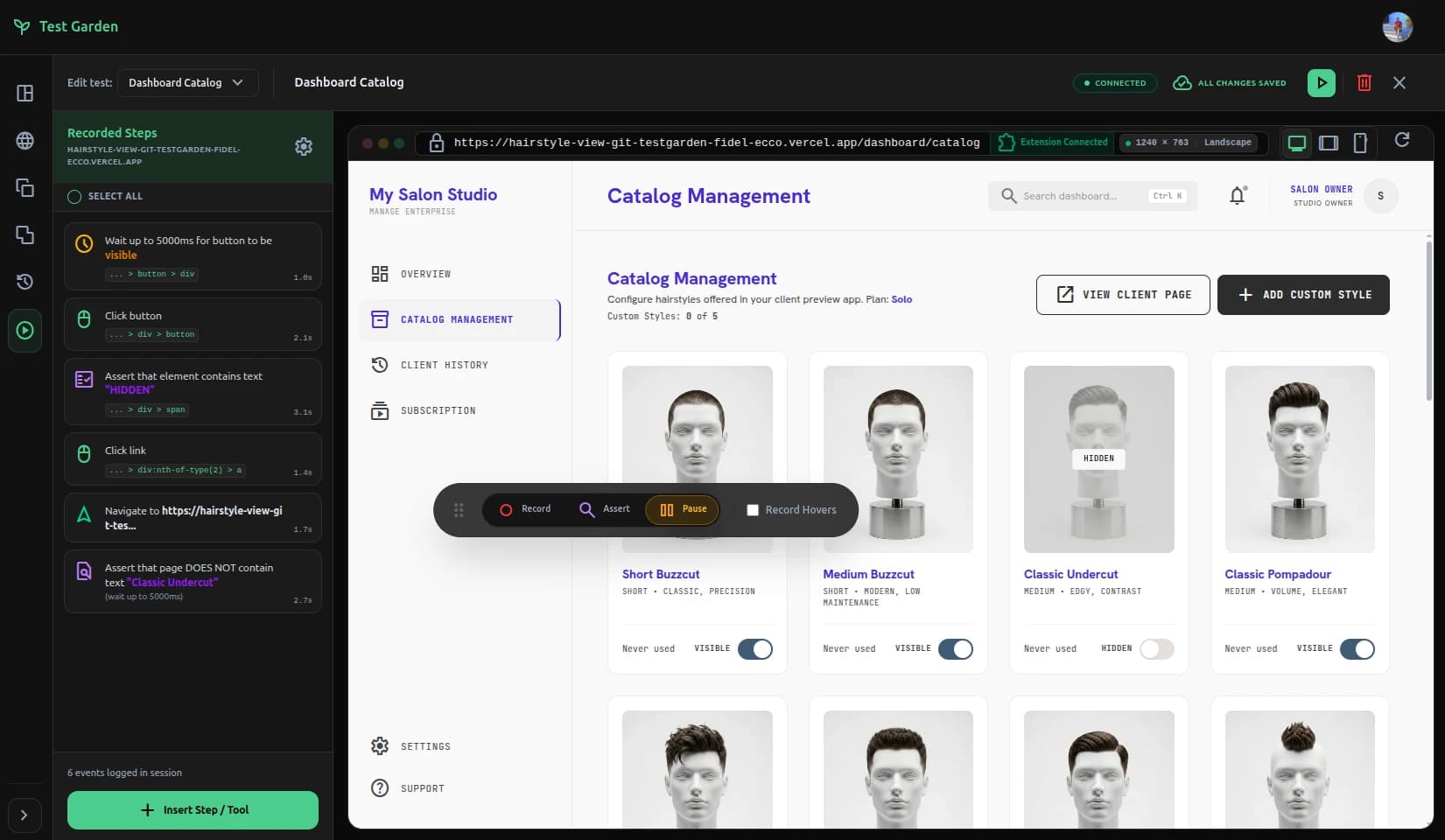 Visual test recorder workspace featuring target page iframe and floating interaction toolbar